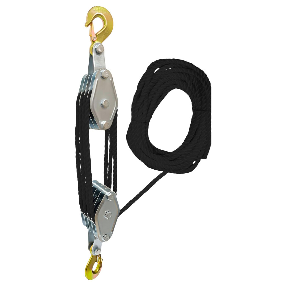 Block And Tackle Pulley Tool 3/4 Inch Rope Heavy Duty Hoist 1100/2200 Lbs Black Rope 4 Rounds 9084446614398