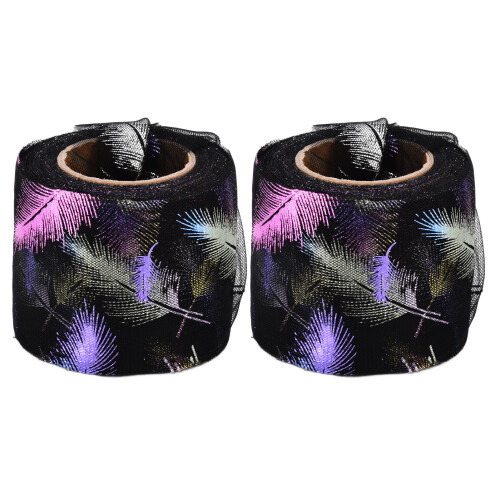 (Black) 2Pcs Tulle Rolls 25 Yards Gradient Colorful Feather Pattern Black