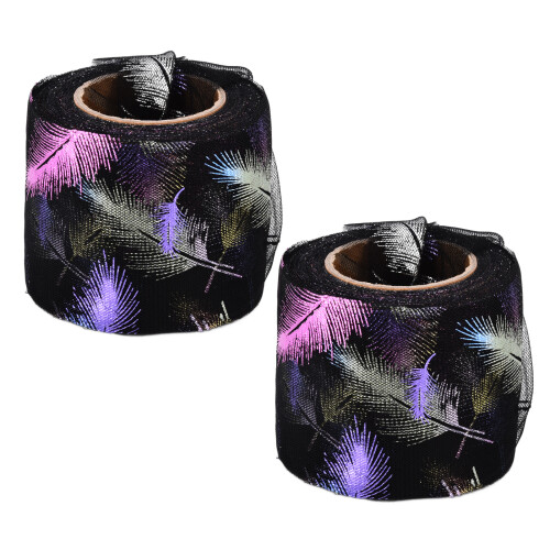 (Black) 2Pcs Tulle Rolls 25 Yards Gradient Colorful Feather Pattern Black 2