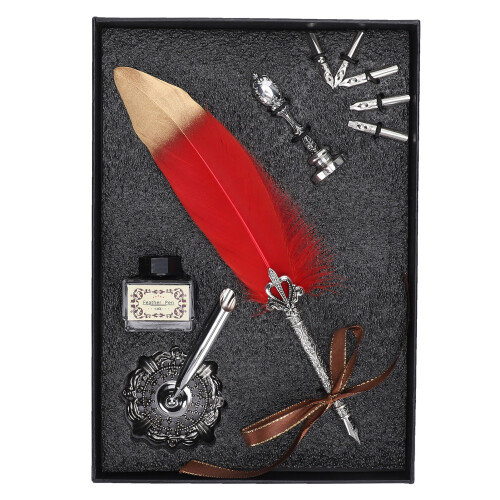 (Red) Feather Pen Vintage Writing Drawing Replacement Nib Kit Red 1
