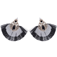 (Black Gray) Retro Alloy Double Tassel Fan Earring Women Girls Champagne
