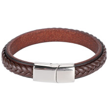 (Dark Brown) Leather Woven Bracelet Vintage Magnetic Buckle Dark Brown 20.5cm