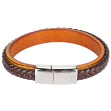 (Light Brown) Leather Woven Bracelet Vintage Magnetic Buckle Dark Brown 20.5cm