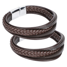 (Brown Leather Alloy Buckle) 2Pcs PU Leather Bracelet Woven Magnet Clasp Vintage Brown Alloy Buckle