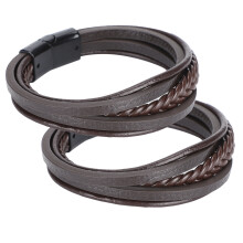 (Brown Leather Black Buckle) 2Pcs PU Leather Bracelet Woven Magnet Clasp Vintage Brown Alloy Buckle