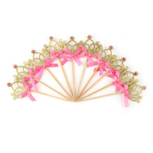 10Pcs Gold Crown Cake Topper with Ribbon Bowknot Party Decoration