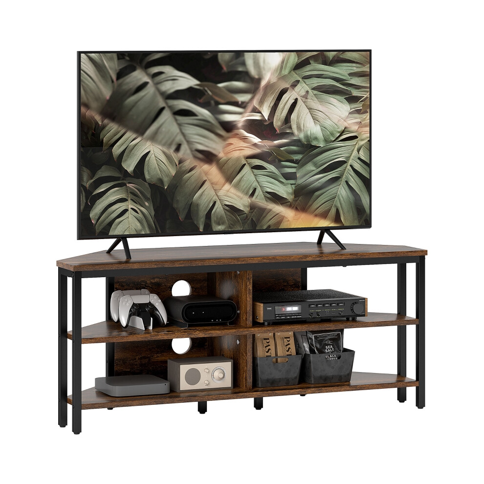 Black/Brown Industrial Corner TV Stand with Shelves Rustic Design Wooden Construction Space-Saving Layout for Living Room-image-OPC-PMFSXBG-NEW