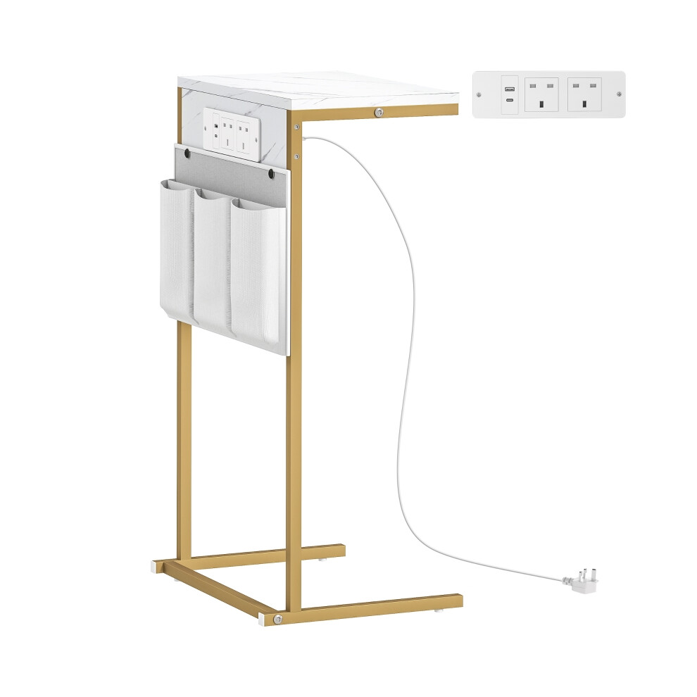 White C-Shaped Side Table with Charging Station Marble Grain Surface USB Ports Power Outlets & Storage Bags for Bedroom-image-OPC-PMFSZR5-NEW