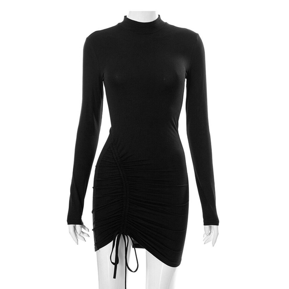 Women Ruched Bodycon Dress Black Long Sleeve Drawstring L for Party-image-OPC-PMFT66G-NEW