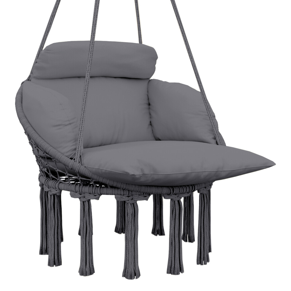 Boho Style Hanging Garden Swing Seat with Cushioned Cotton Rope Chair - Indoor & Outdoor Use Dark Grey Lightweight & Sturdy-image-OPC-PMFT6N8-NEW