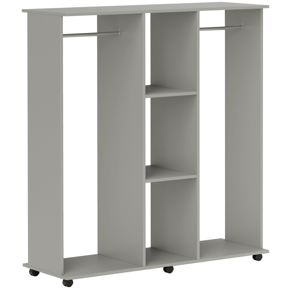 Open Wardrobe with Double Mobile Storage Shelves on Wheels Grey Space-Saving Closet Organizer with 6 Wheels Durable MDF-image-OPC-PMFT8Q5-NEW