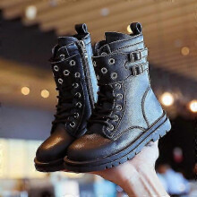 (32(Inner 19.3cm), Black with fur) suitable for girls and boys, children's leather snow boots for autumn and winter, long ankle boots