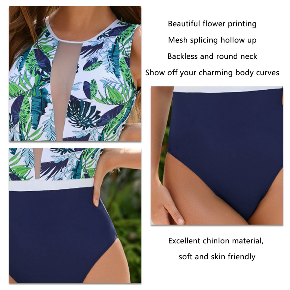 Women's Backless Flower Printing Mesh One Piece Swimsuit, Dark Blue, L-image-OPC-PMFTCTC-NEW