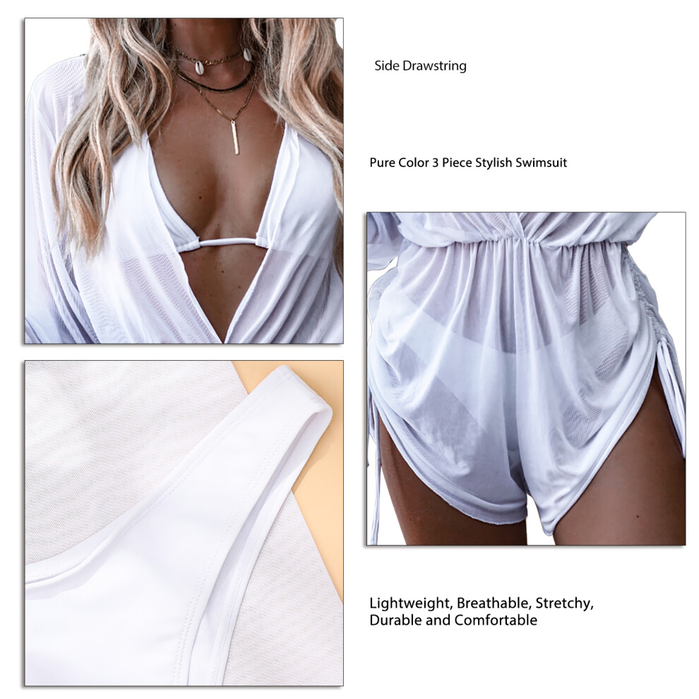 Women's 3-Piece Bikini Set â White, M, Stretchy, Elastic Waist, 3/4 Sleeve-image-OPC-PMFTHTB-NEW