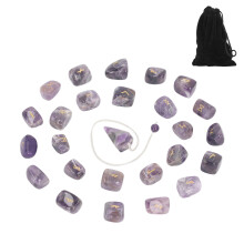 (Amethyst with Pendulum) 25Pcs Rune Stones Healing Chakras Crystal with Bag Pendulum Lazurite