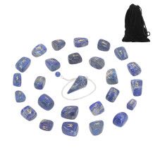 (Lazurite with Pendulum) 25Pcs Rune Stones Healing Chakras Crystal with Bag Pendulum Lazurite