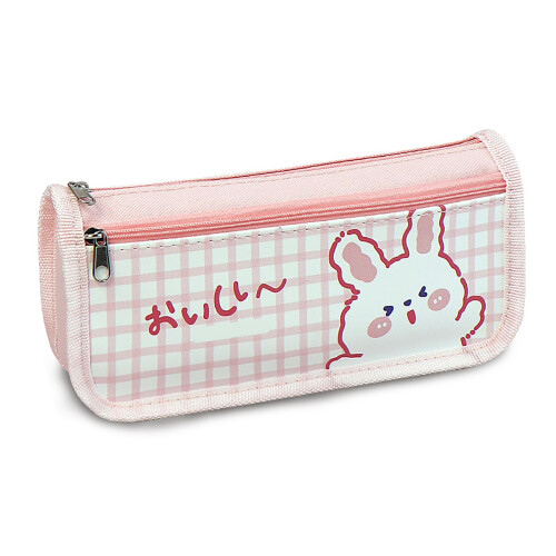 (Pink) Canvas Pencil Case Cute Grid Design Large Capacity Pink