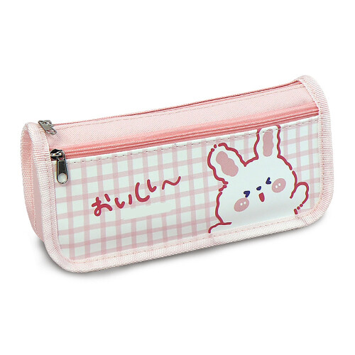 (Pink) Canvas Pencil Case Cute Grid Design Large Capacity Pink 1