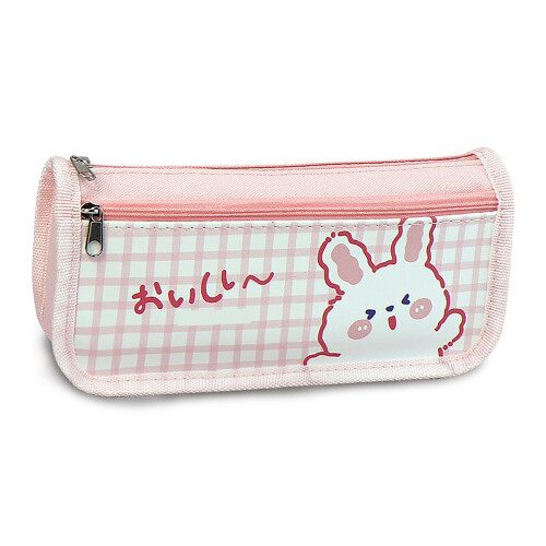 (Pink) Canvas Pencil Case Cute Grid Design Large Capacity Pink 2