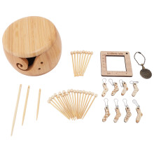 Wooden Yarn Bowl Round Bamboo Knitting Crochet with Lid Holes Hooks