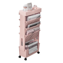 (Pink) Movable Bookshelf 4 Wheels Large Capacity Pink