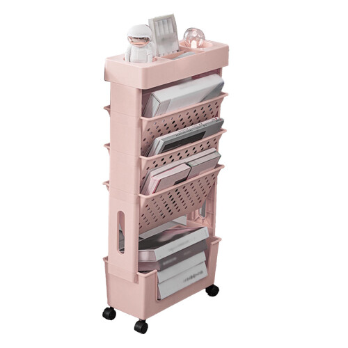 (Pink) Movable Bookshelf 4 Wheels Large Capacity Pink