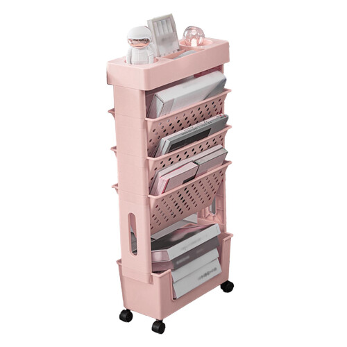 (Pink) Movable Bookshelf 4 Wheels Large Capacity Pink 2