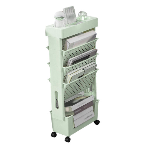 (Green) Movable Bookshelf 4 Wheels Large Capacity Pink 2