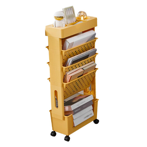 (Orange) Movable Bookshelf 4 Wheels Large Capacity Pink 2