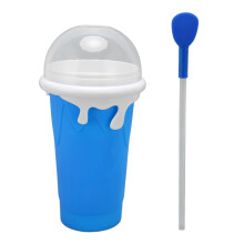 (Blue) Frozen Smoothies Cup Reusable Silicone Squeeze Cup Dual Straw Blue