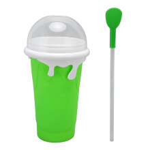 (Green) Frozen Smoothies Cup Reusable Silicone Squeeze Cup Dual Straw Blue