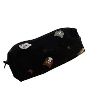 (Black) Embroidery Pencil Case Cotton Large Capacity for Girls Black