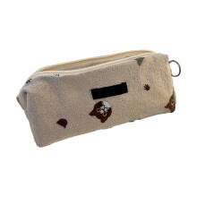 (Beige) Embroidery Pencil Case Cotton Large Capacity for Girls Black