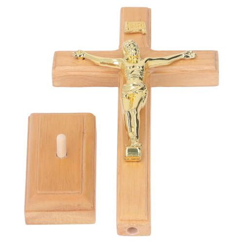 Handcrafted beech crucifix with metal base standing for home office 1