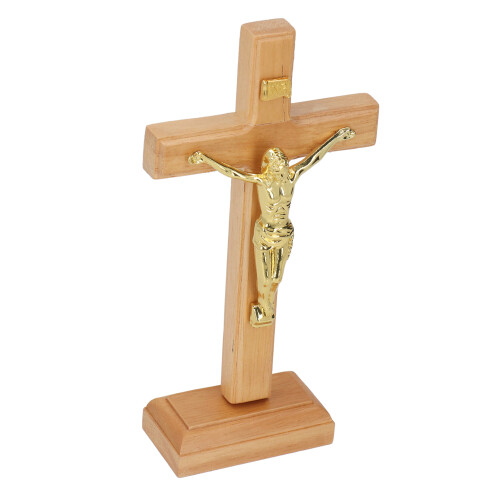 Handcrafted beech crucifix with metal base standing for home office 2
