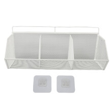 (White) 3 Grids Hanging Basket Wall Mount Metal Wire Organizer Black