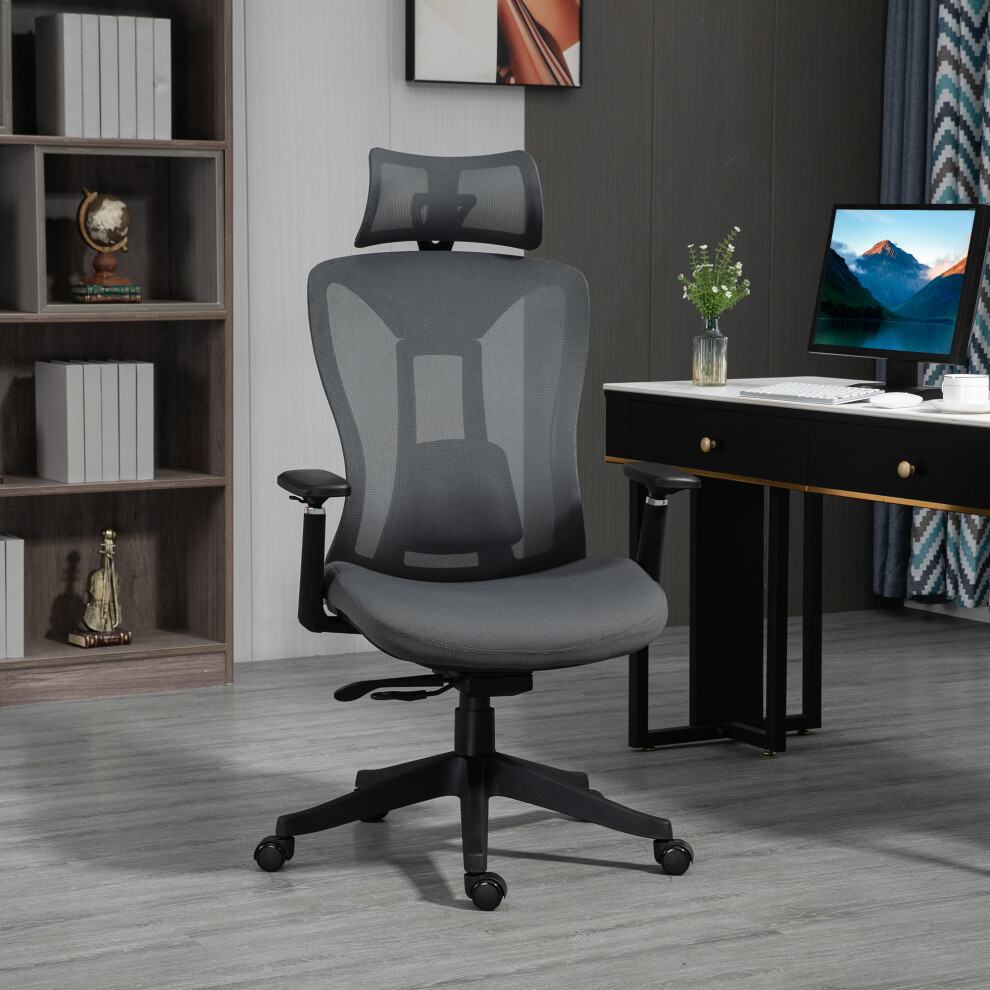 Ergonomic Mesh Computer Chair with Adjustable Headrest Lumbar Support 135 Recline & 3D Armrest for Home Office Grey-image-OPC-PMFVGHH-NEW