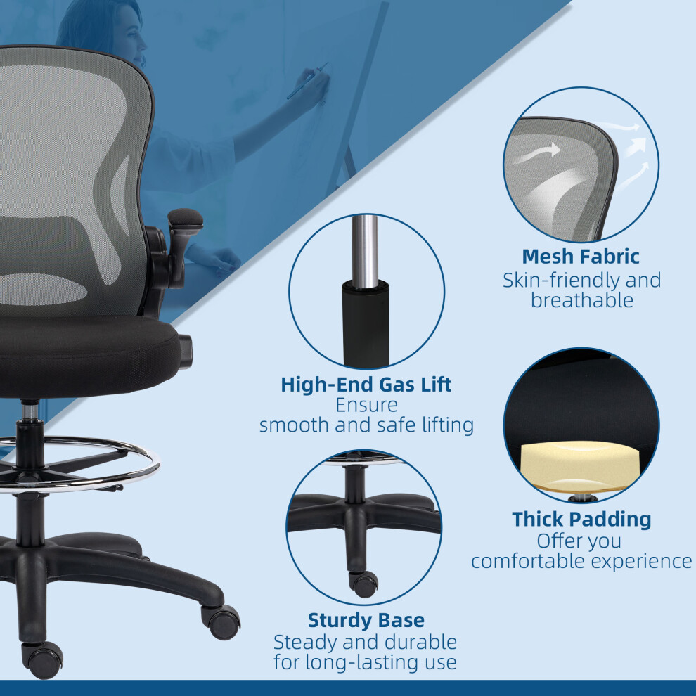 Lumbar Support Mesh Standing Desk Chair with Flip-up Armrests Adjustable Footrest Ring Dark Grey Breathable & Comfortable-image-OPC-PMFVGWT-NEW