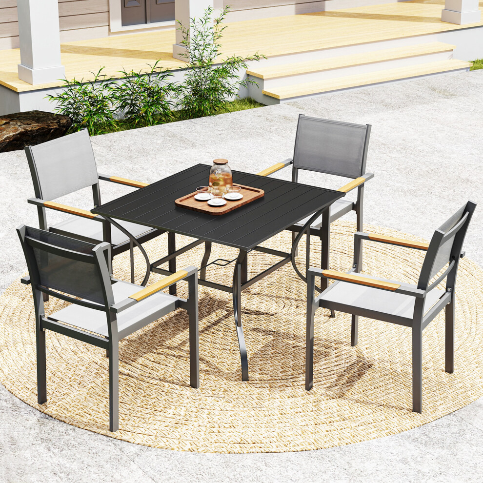 Outdoor Garden Table 94 x 94 cm with Parasol Hole Black Metal Slatted Surface for 4 Seats Weatherproof Design-image-OPC-PMFVJXY-NEW