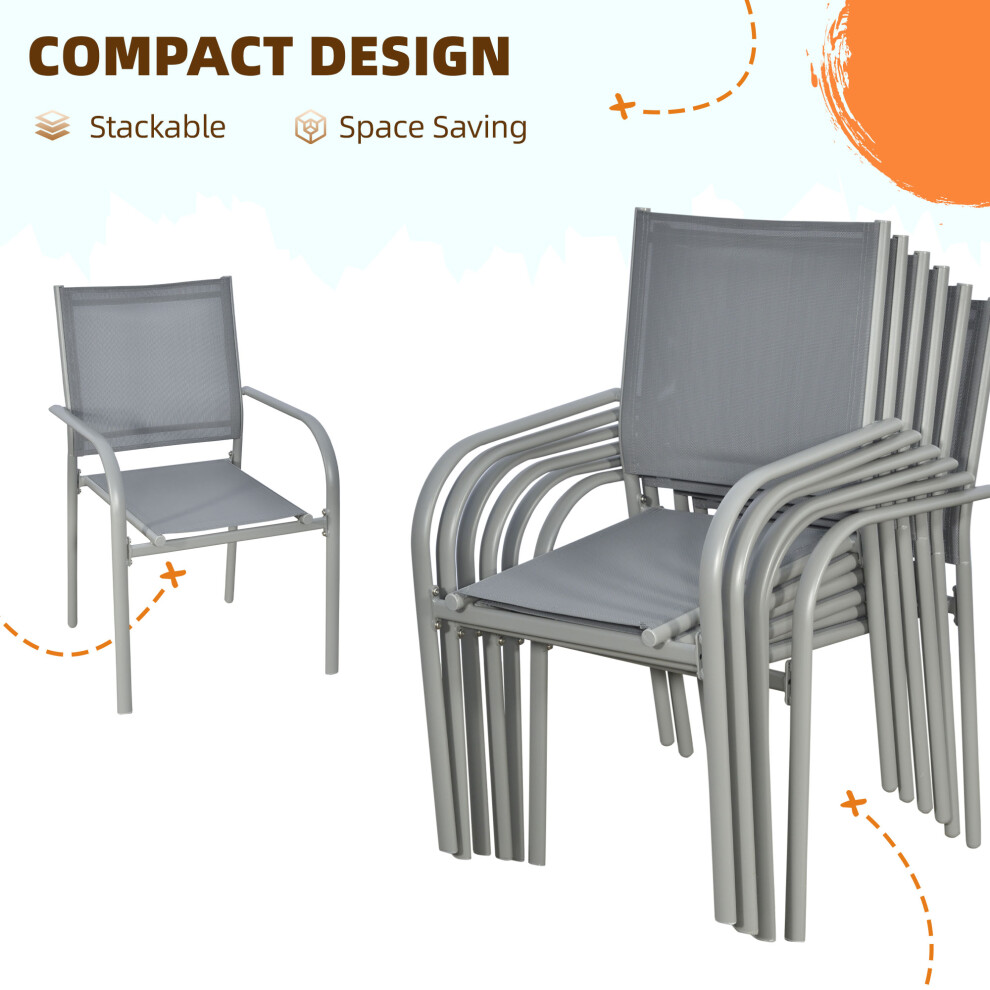 Garden Furniture 7 Piece Dining Set with Steel Frame Tempered Glass Top Table and Stackable Mesh Chairs Grey Outdoor Design-image-OPC-PMFVNMQ-NEW
