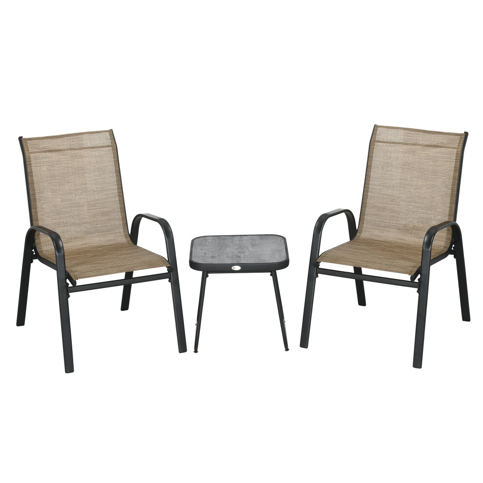 Outdoor Bistro Set 3 Pieces - Stackable Armchairs with Breathable Mesh and SPC Coffee Table Brown Patio Furniture-image-OPC-PMFVNXD-NEW