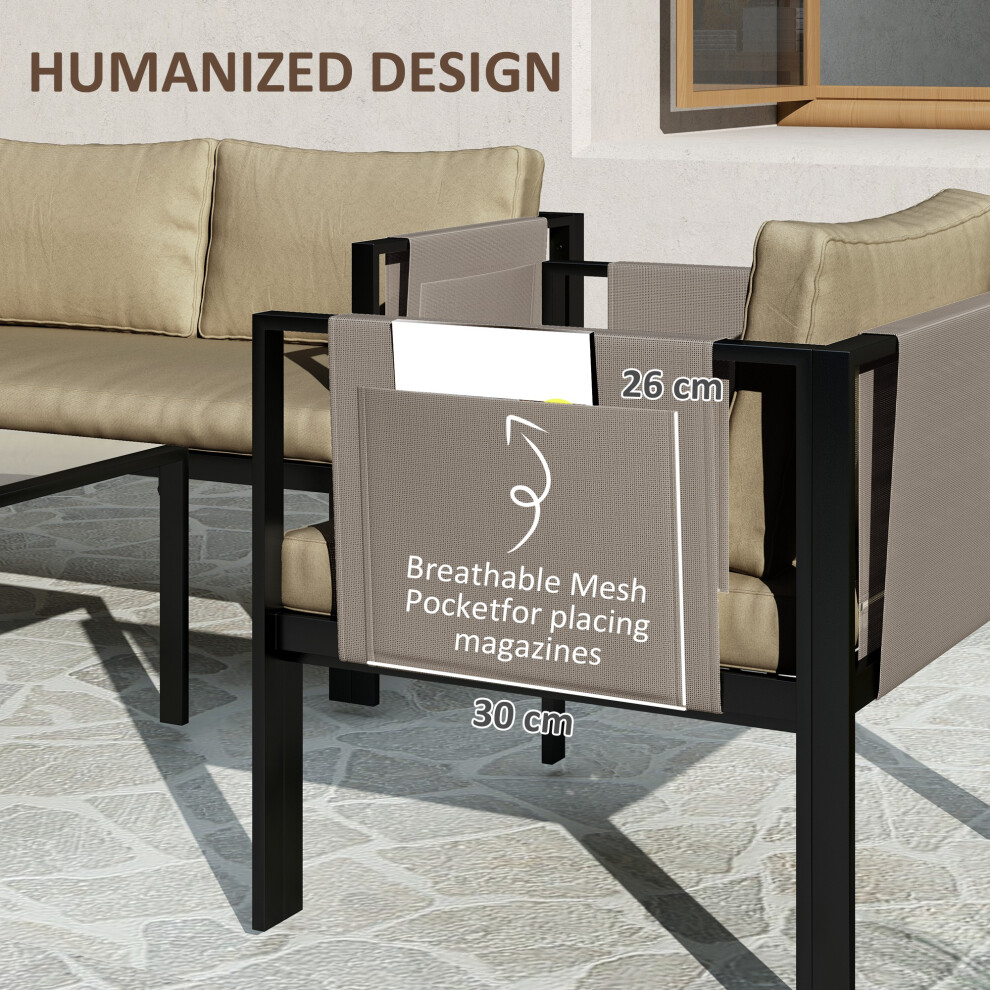 Outdoor Metal Garden Furniture Set with Tempered Glass Coffee Table Padded Texteline Seating 4 Pieces Khaki for Patio & Garden-image-OPC-PMFVQM8-NEW