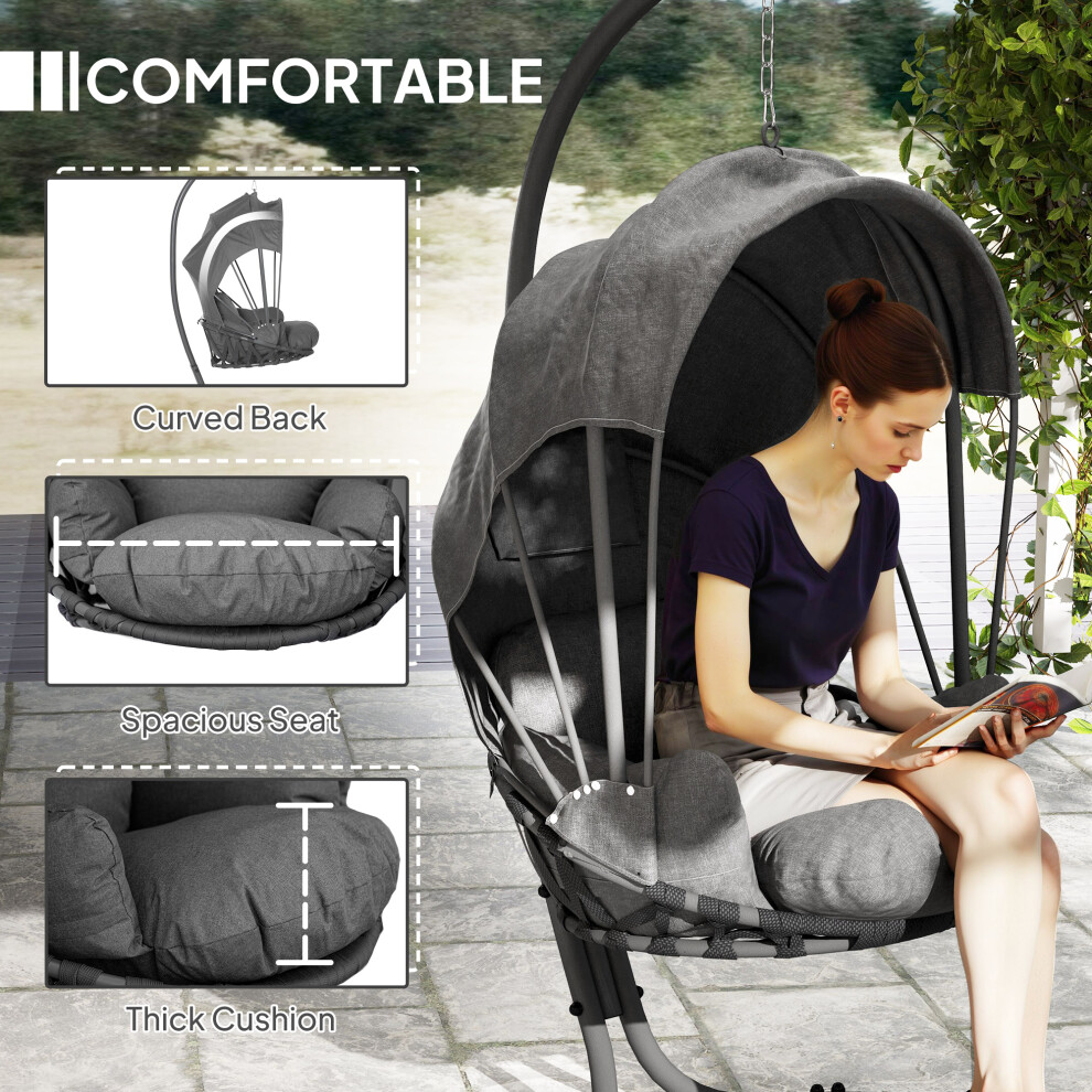Hanging Egg Chair with Stand Indoor Outdoor Grey Swing with Cushions & Retractable Canopy Comfortable Durable Steel Structure-image-OPC-PMFVSN9-NEW