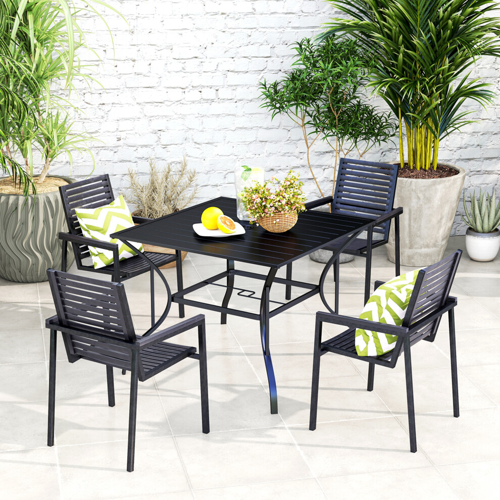 Garden Table 94x94cm with Parasol Hole Outdoor Metal Slatted Top for Four Black Outdoor Dining Furniture-image-OPC-PMFVT9V-NEW