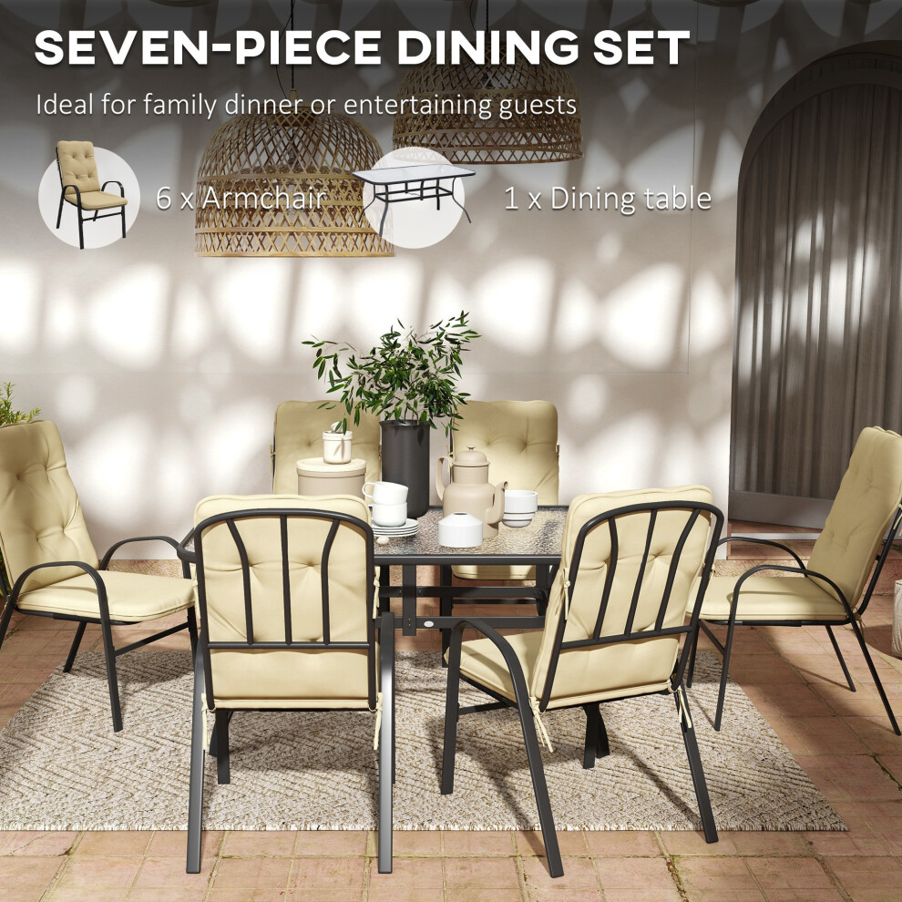 Beige Garden Dining Set with Cushions - Seven-Piece Outdoor Table and Chairs Rust-Resistant Metal Comfortable Seating-image-OPC-PMFVTBH-NEW