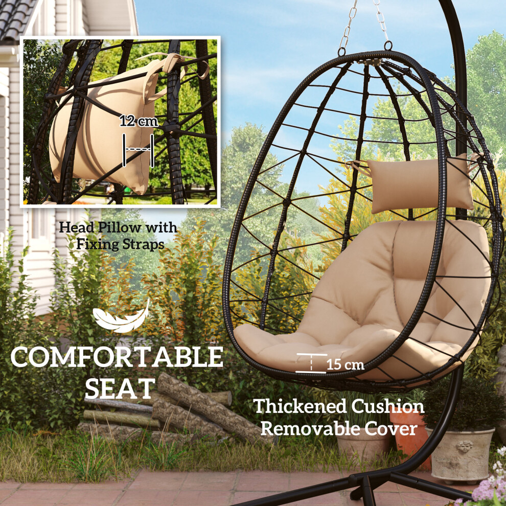 Outdoor Indoor Hanging Egg Swing Chair - Garden Stand Folding Basket Thick Cushion Headrest for Patio & Balcony - Khaki-image-OPC-PMFVTJC-NEW