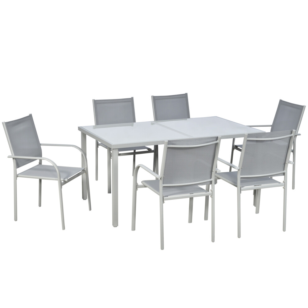 Garden Dining Set 7 Pieces Steel Frame with Tempered Glass Top Table 6 Stackable Mesh Chairs Durable Outdoor Furniture Grey-image-OPC-PMFW2WT-NEW
