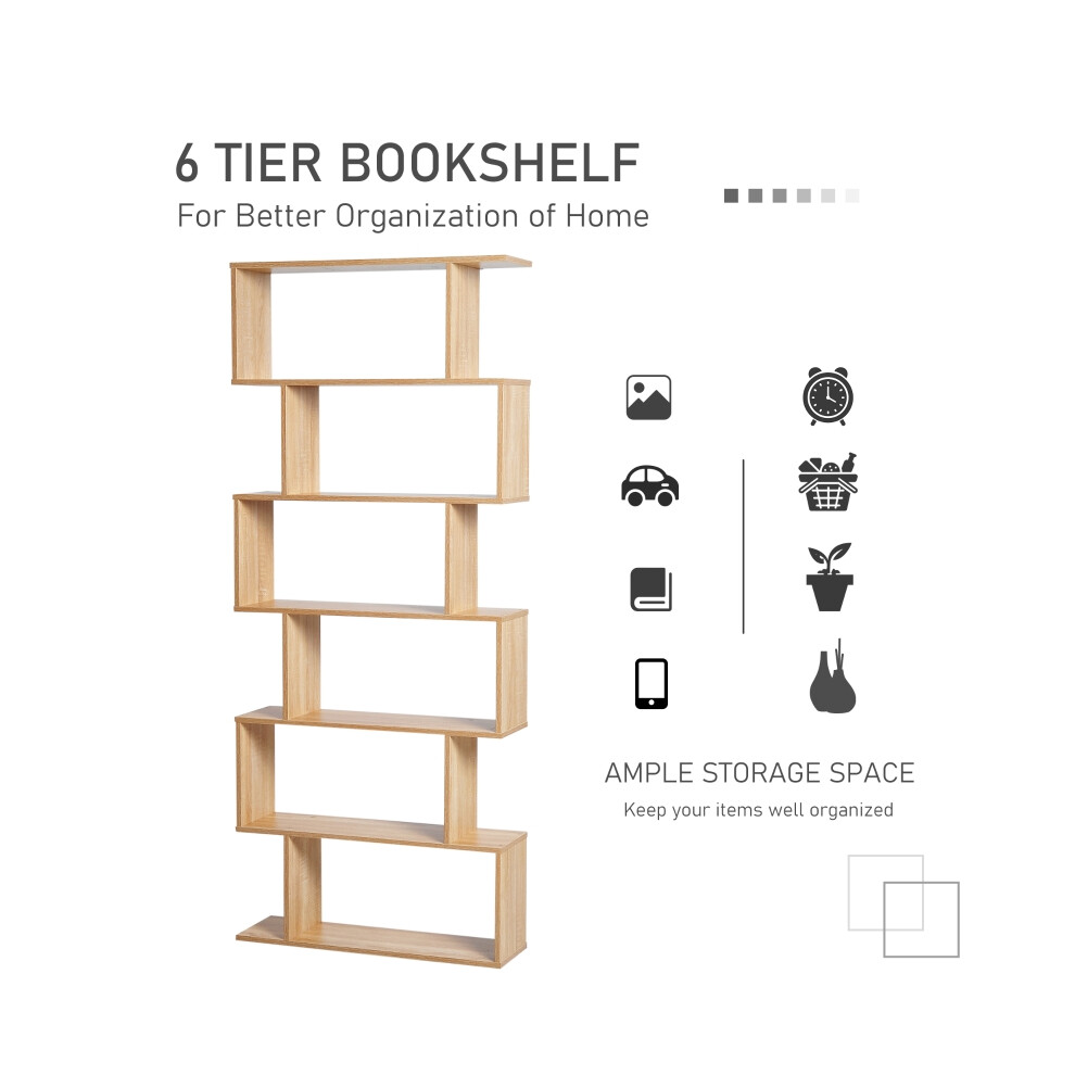 Oak 6 Tier S-Shaped Bookcase Home Office Storage Shelf Living Room Display Unit Bedroom Organizer for Books & Plants-image-OPC-PMFW5VC-NEW