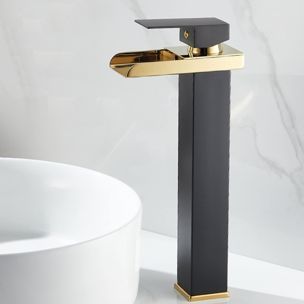 Waterfall Lavatory Faucet Stainless Steel, Single Handle Hot And Cold, Waterfall Spout, Black Gold Finish For Basin Sink 9067246327309