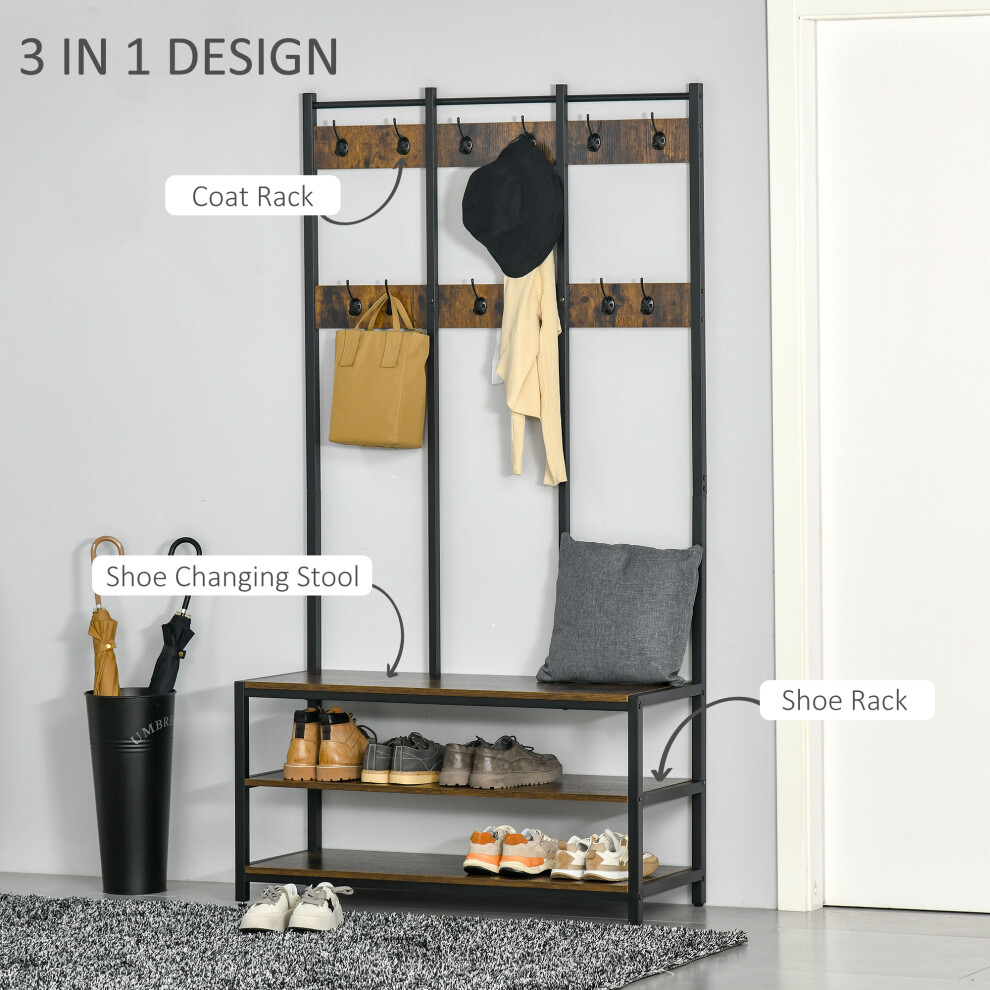 Coat Rack Stand with Hooks Bench & Shoe Rack Rustic Brown & Black Industrial Style Hall Tree 100cm x 38.5cm x 185.5cm-image-OPC-PMFWFCV-NEW